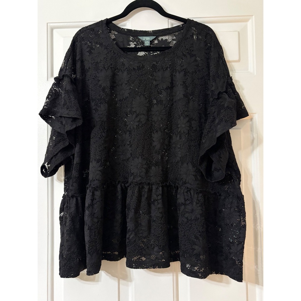 Terra & Sky | Lace Flutter Sleeve Peplum Top | 4X || Black |